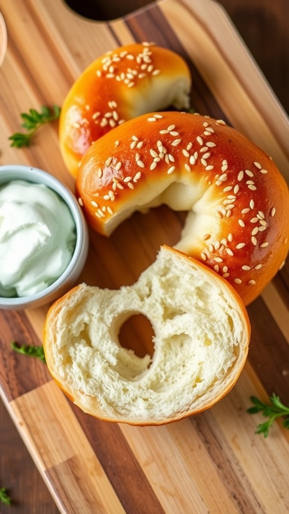 A golden-brown air fryer bagel topped with sesame seeds on a wooden board with a bowl of cream cheese.